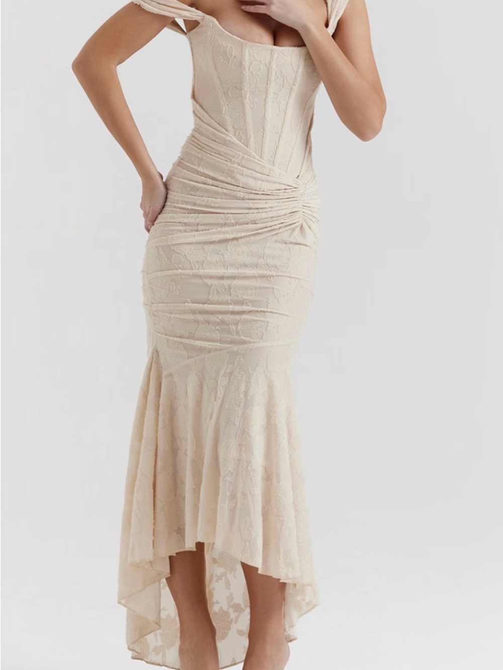 House of CB Cream Lace High-Low Off-Shoulder Mermaid Dress